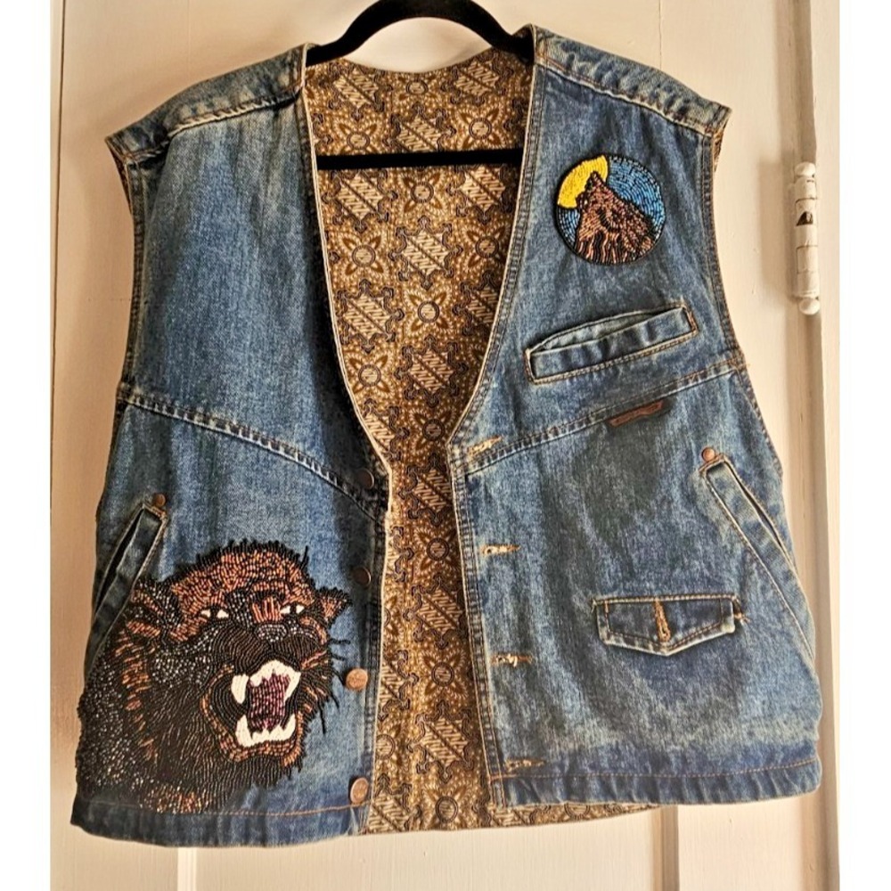 HARLEY DAVID hand applied intricate beadwork embroidery denim vest lined Men's M